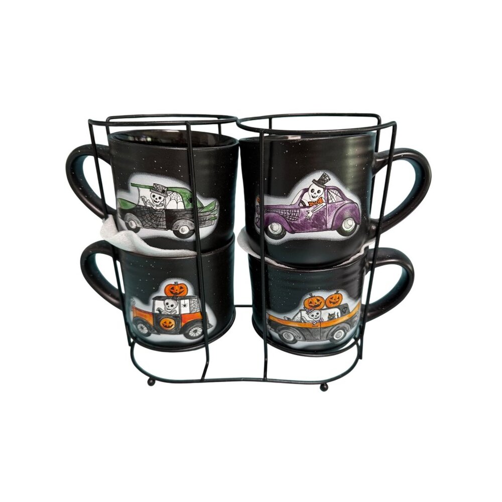 Cobwebs And Cauldrons Ceramic Halloween Set of 4 Mugs Pumpkins Skeletons In Cars - Picture 4 of 14